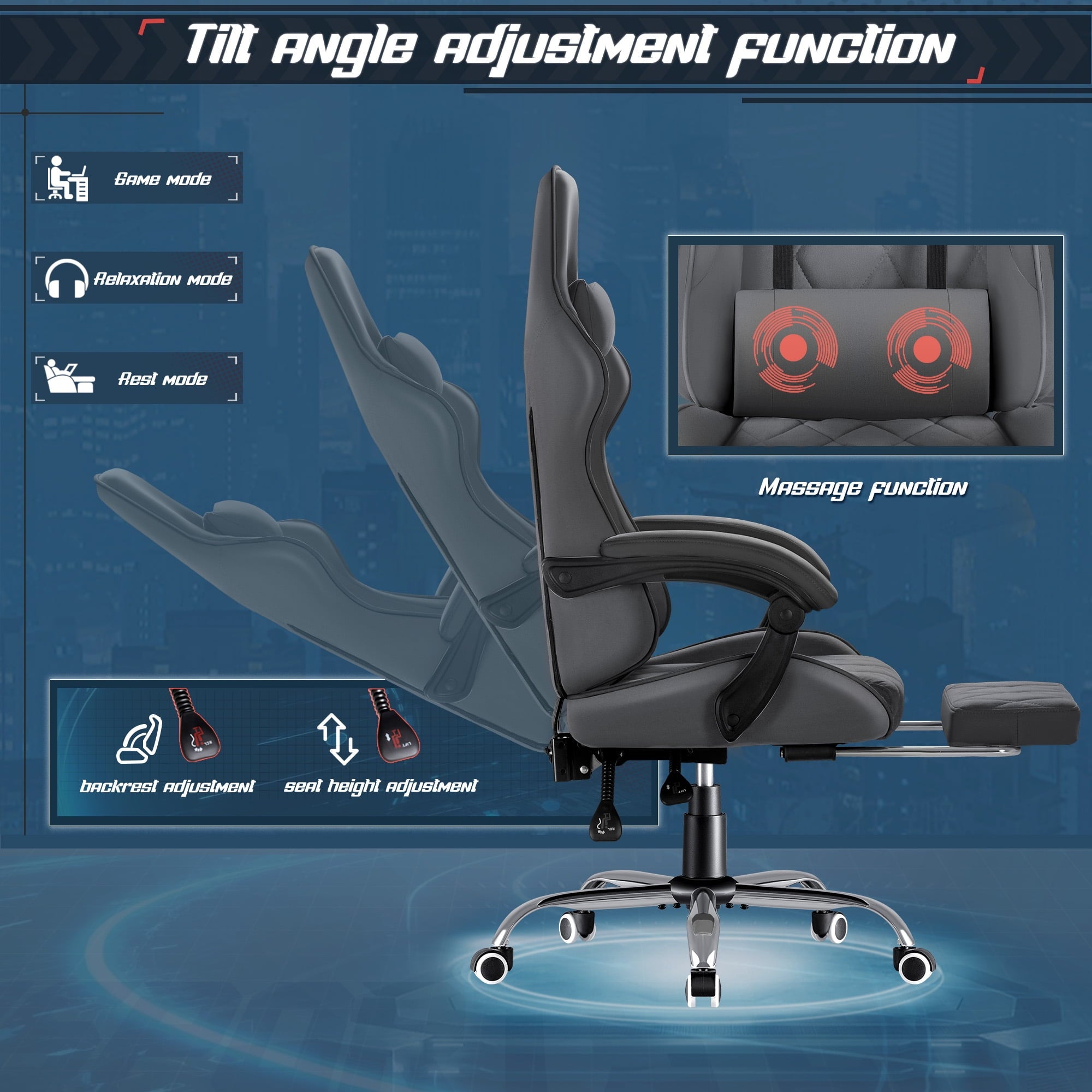 Homall Gaming Chair Fabric Computer Chair Massage Game Chair Cloth Office Chair with Headrest, Lumbar Support & Footrest,Gray