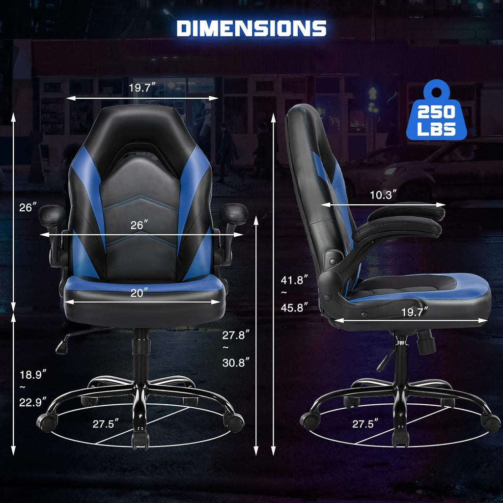 Ergonomic Computer Gaming Chair - Home Office Desk with PU Leather Lumbar Support, Height Adjustable Big and Tall Video Game with Flip-up Armrest, Swivel Wheels for Adults and Teens