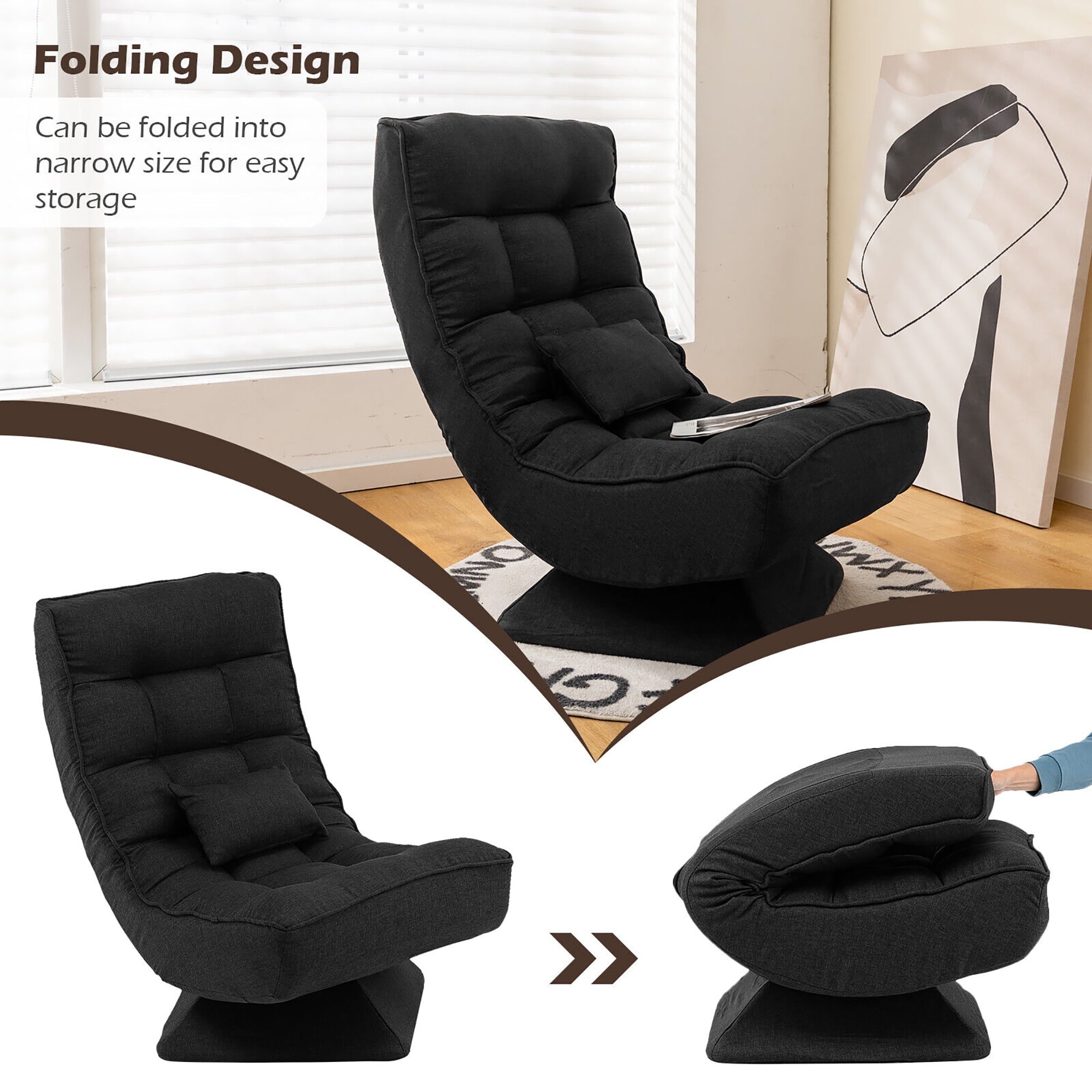 Costway 360° Swivel Floor Chair 5-Level Adjustable Lazy Chair w/ Massage Pillow Black