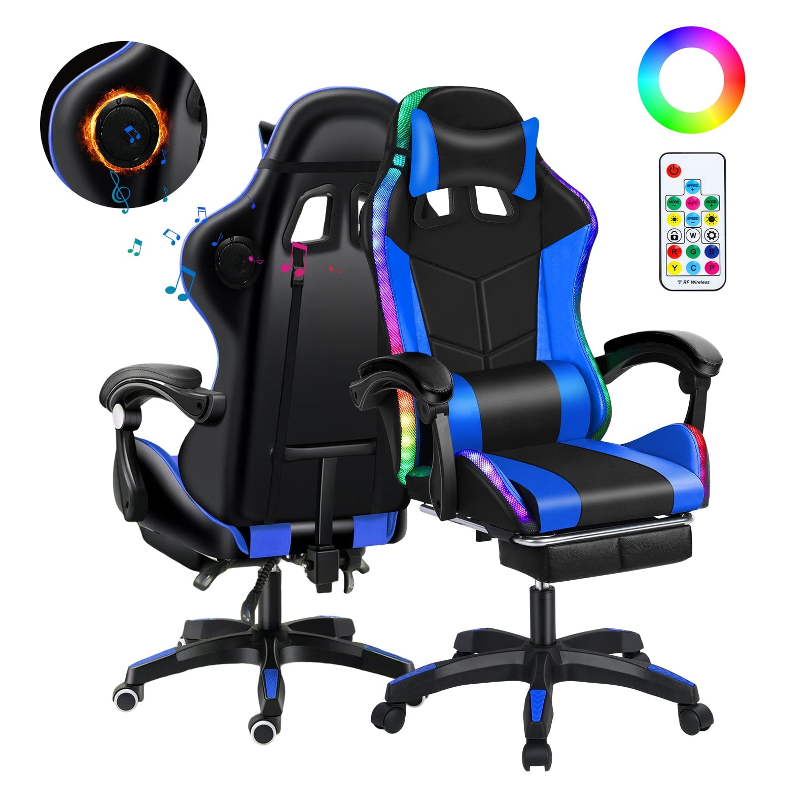 Gaming Chair with Bluetooth-compatible Speakers and LED Lights, Ergonomic Massage Computer Chair with Height Adjustable, Video Game Chair High Back with Lumbar Support