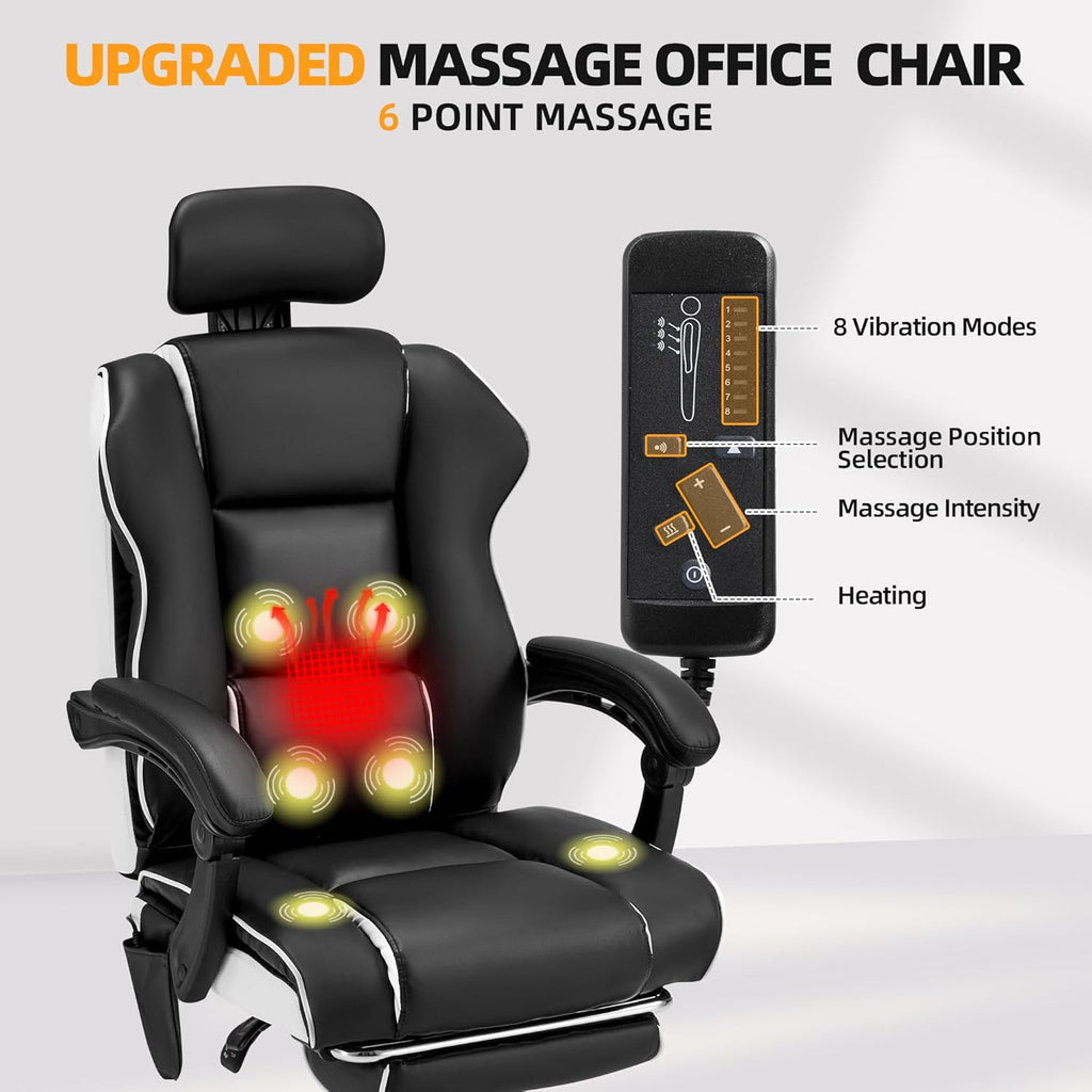 HOMREST 6-Point Massage Office Chair with Footrest, Heated Executive Office Chair with Reclining Backrest, Ergonomic Gaming Chair with Padded Armrest, Black