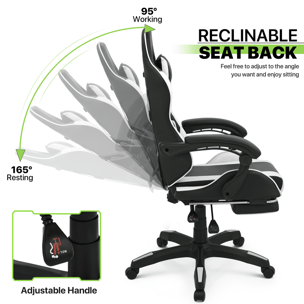 Magshion Rolling Gaming Chair, Adjustable Faux Leather Computer Seat with Lumbar Support for Adults Teens Desk Chair, White