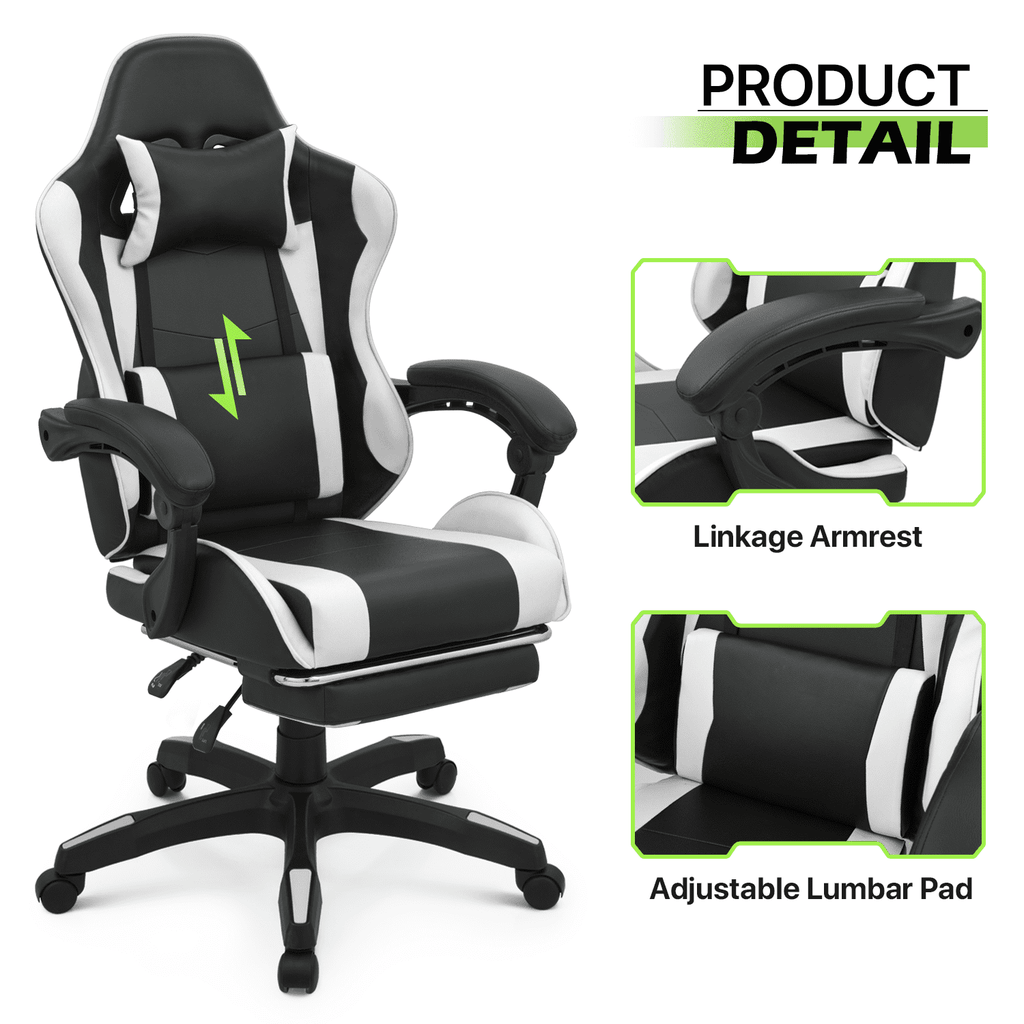 Magshion Rolling Gaming Chair, Adjustable Faux Leather Computer Seat with Lumbar Support for Adults Teens Desk Chair, White