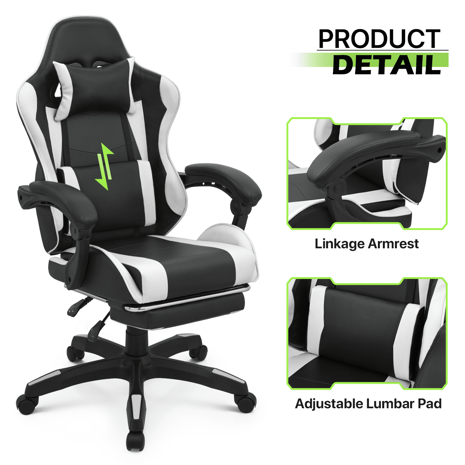 Magshion Rolling Gaming Chair, Adjustable Faux Leather Computer Seat with Lumbar Support for Adults Teens Desk Chair, White