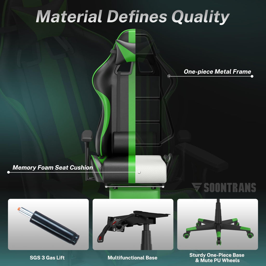 Gaming Chair with Footrest, Leather Ergonomic Gaming Chairs for Adults with Massage Lumbar Support & Headrest for Office Work, Comfortable Computer Chair, Green