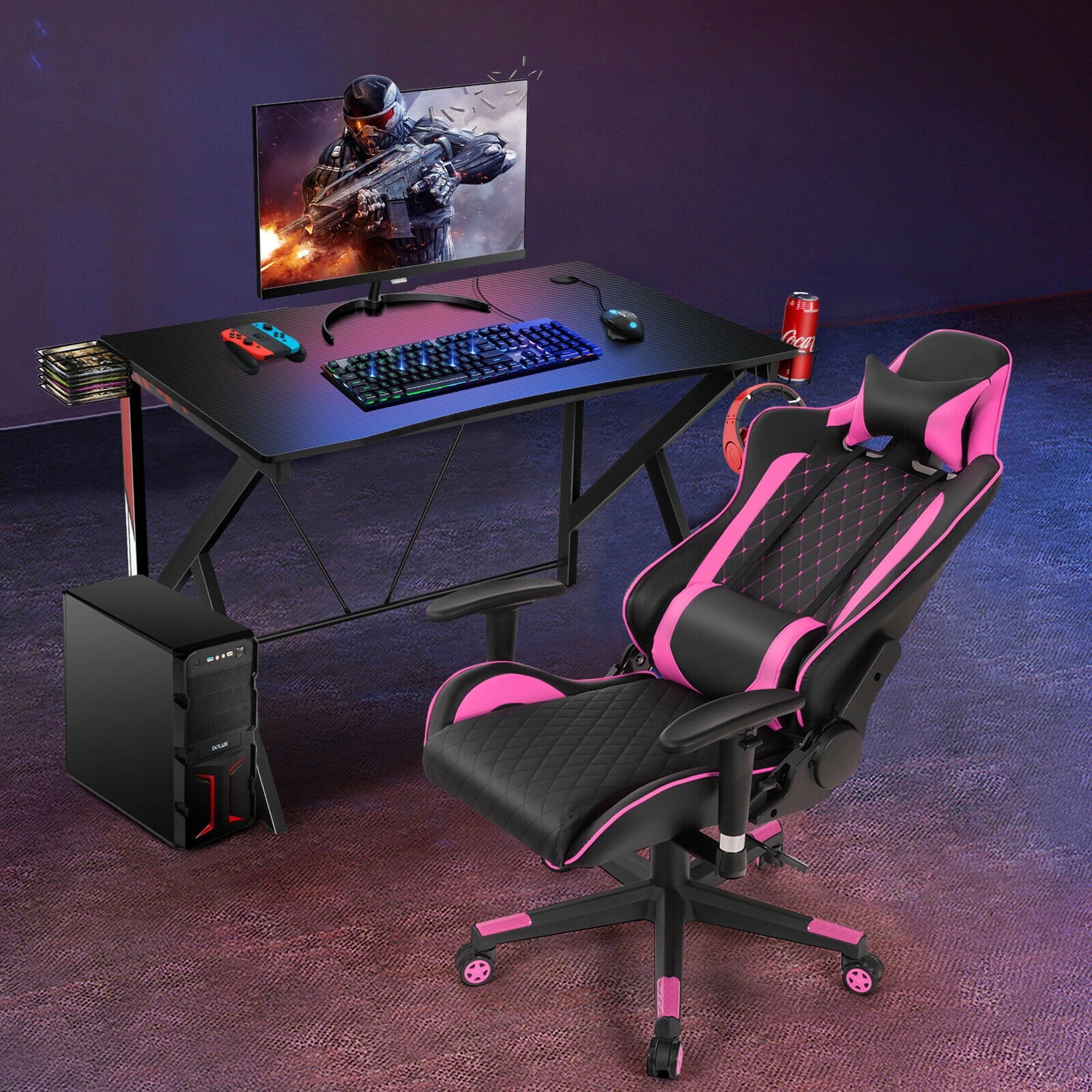 Gymax Gaming Desk&Massage Gaming Chair Set w/Headphone Hook & Game Storage Pink