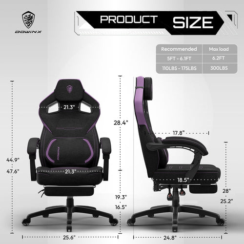 Dowinx Ergonomic Fabric Gaming Chair with Adjustable Footrest & Lumbar Massage - High-Back Computer Office Chair for Adults, 300 lb Weight Capacity (Purple)
